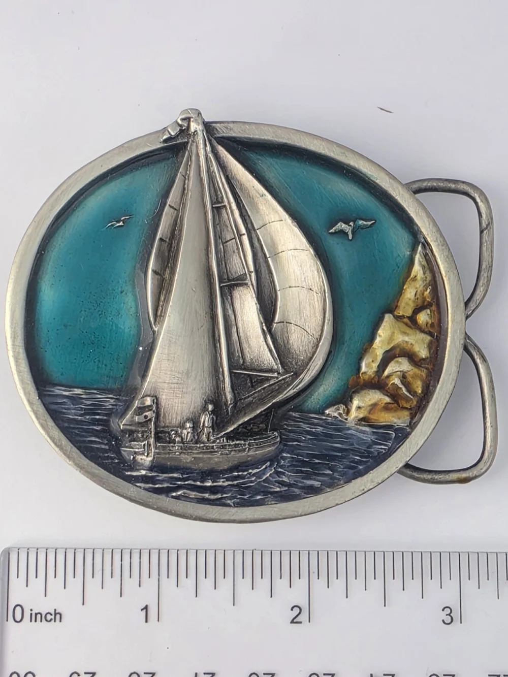 Vintage Bergamot Pewter Sailboat Enamel Belt Buckle Blue Enamel